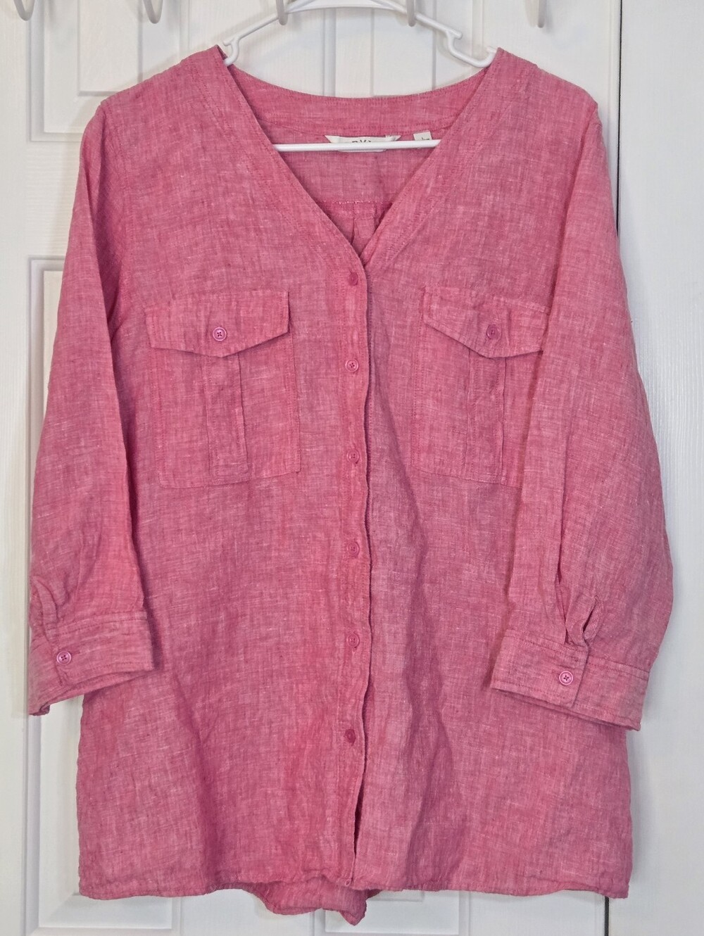Orvis Pink Linen Lightweight Button Down 3/4 Sleeve V Neck Shirt Size L
